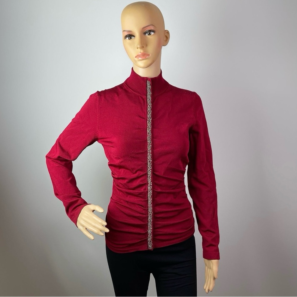 Vintage Caché Long Sleeve Mock-neck Embellished Red Ruched Zip Front Blouse